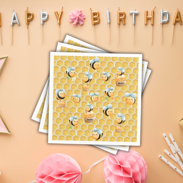 Honeycomb and Bees First Bee Birthday Napkin (Creator Uploaded)
