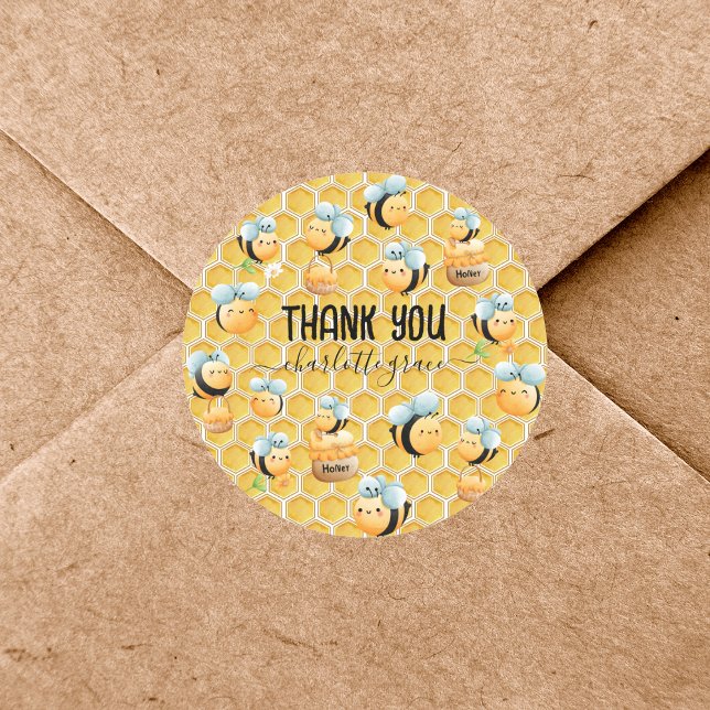 Honeycomb and Bees First Bee Birthday Thank You Classic Round Sticker (Creator Uploaded)