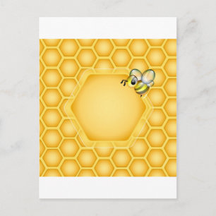 Honeycomb background with a cute honeybee postcard
