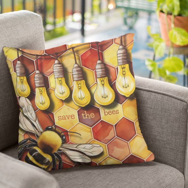 Honeycomb Bee and Garden String Lights Throw Pillow (Save the bees bold honeycomb customizable throw pillow for home or garden. )