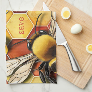 Honeycomb Bee In Gold Maroon Kitchen Towel