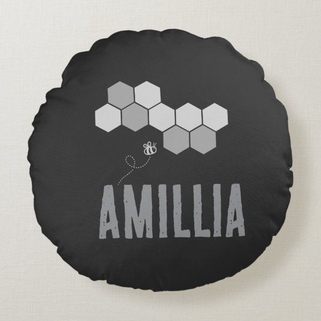 Honeycomb Bee Name Typography Design Round Pillow (Front)