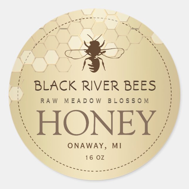 Honeycomb & Bee Raw Honey Label Gold Gradient (Front)