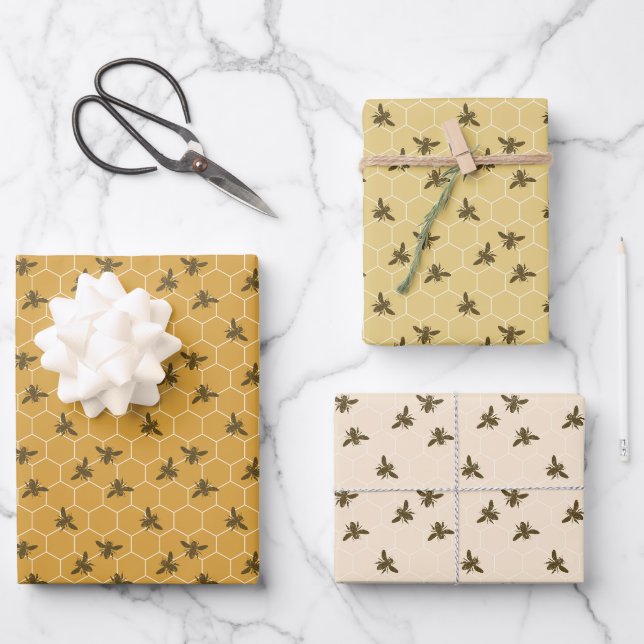 Honeycomb Bees Golden Amber Colours Wrapping Paper Sheet (Front)