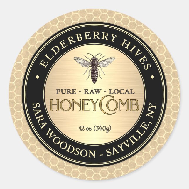 Honeycomb Black Gold Honey Label Vintage Queen Bee (Front)