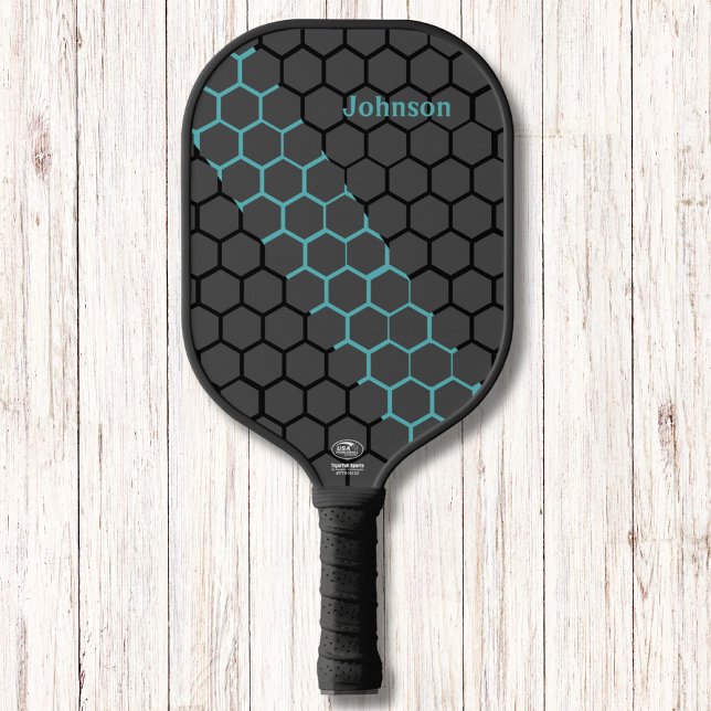 Honeycomb Blue and Black Modern Monogram   Pickleball Paddle (Creator Uploaded)