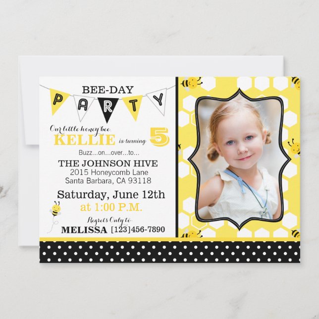 Honeycomb Dots and Bumble Bee Birthday Invite (Front)