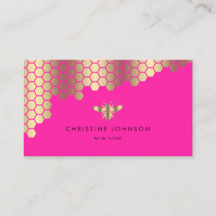 honeycomb faux gold foil bee on neon pink business card