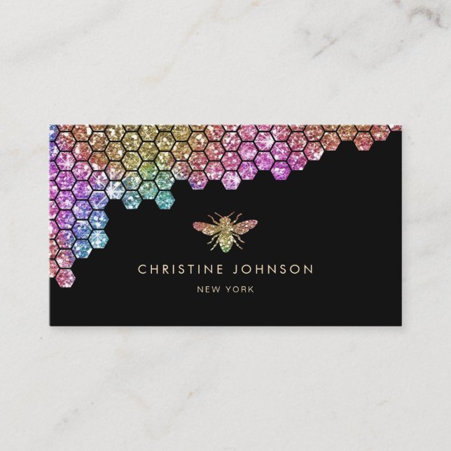 honeycomb faux rainbow glitter bee on black business card (Front)