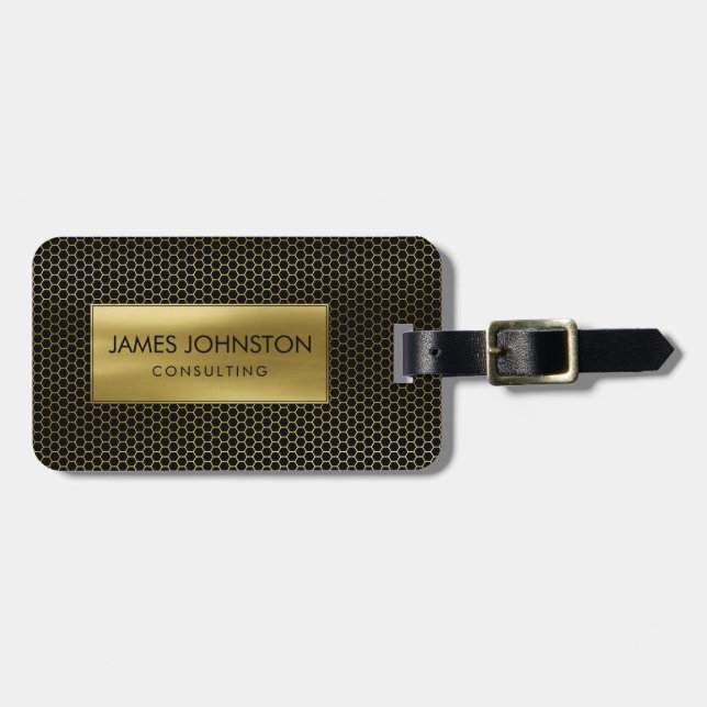 Honeycomb Geometrical pattern  Gold on Black Luggage Tag (Front Horizontal)