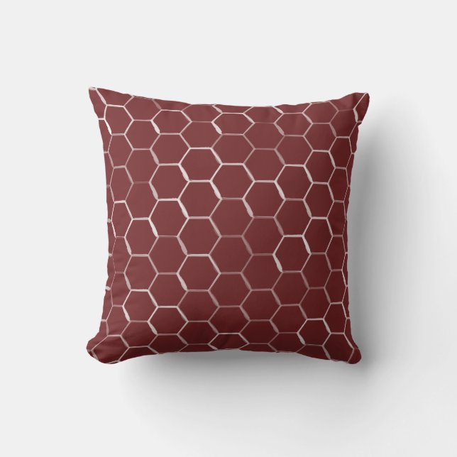 Honeycomb Hive Hexagon Pattern in Burgundy Throw Pillow (Front)