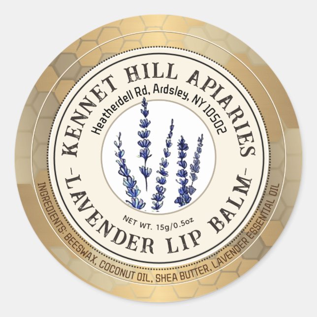 Honeycomb & Lavender Lip Balm Label Ivory Gold (Front)