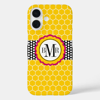 Honeycomb Pattern and Flower Monogram Personalized iPhone 16 Case