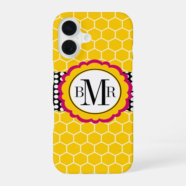 Honeycomb Pattern and Flower Monogram Personalized iPhone 16 Case (Back)