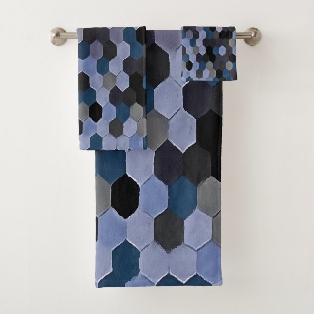 Honeycomb Pattern In Grey and Blue Wintry Colours Bath Towel Set (Insitu)