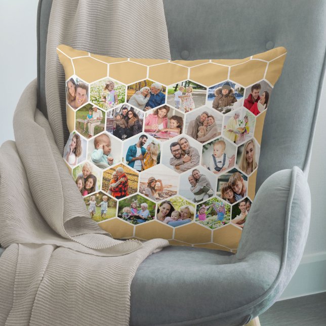 Honeycomb Photo Collage Honey Beige Multi Picture Throw Pillow (Creator Uploaded)