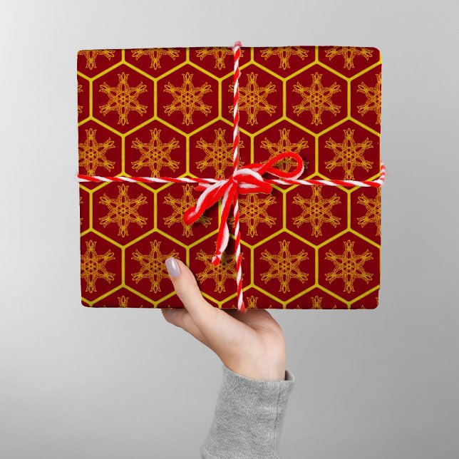  Honeycomb Snowflake Maroon Yellow Pattern Elegant Wrapping Paper (Creator Uploaded)