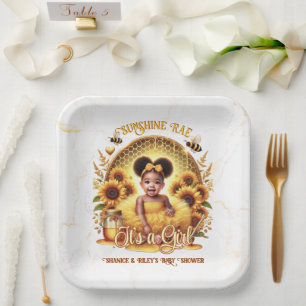 Honeycomb & Sunflowers Cute Afro Puff Baby Girl Paper Plate
