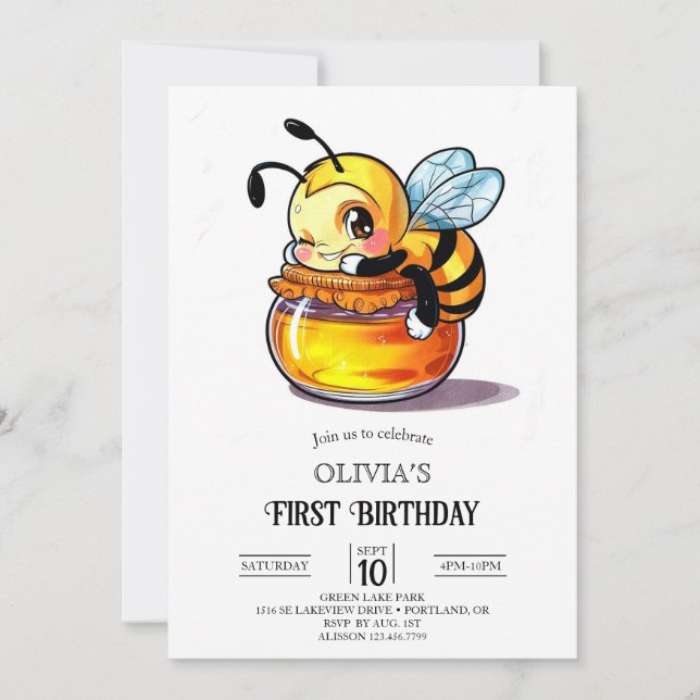 Honeycomb Unique Digital Bee 1st Birthday Invitation (Front)