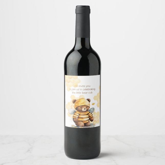 Honeycombs and brown honey teddy bear wine label (Front)