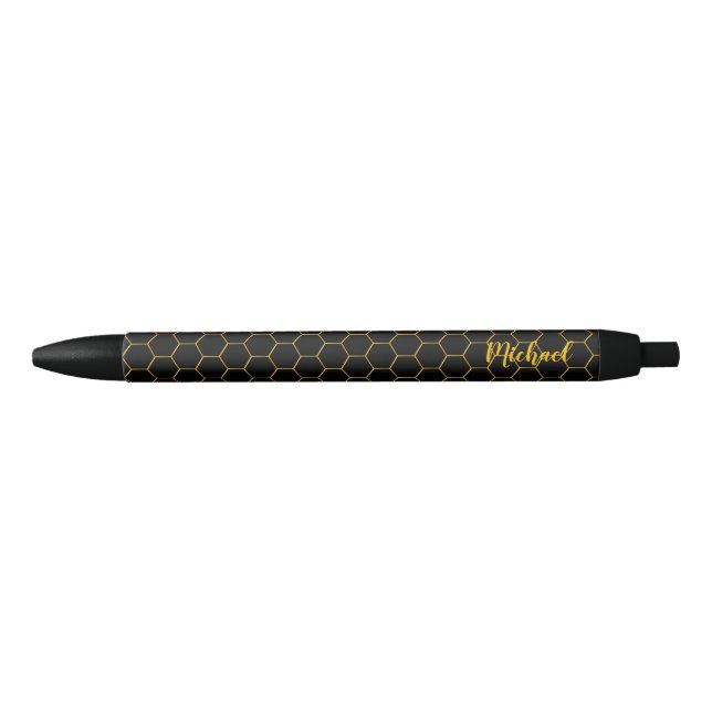 Honeycombs Gold pattern Black background Ink Pen (Front)