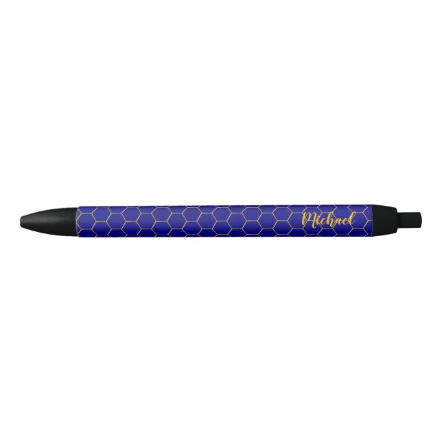 Honeycombs Gold pattern Navy Blue background Black Ink Pen (Front)