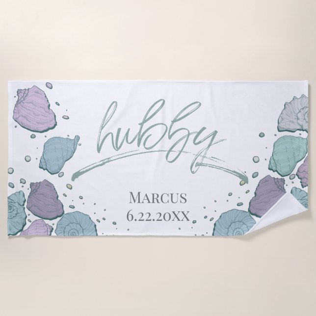 Honeymoon Beach -HUBBY Teal Lilac Modern Seashells Beach Towel (Front)