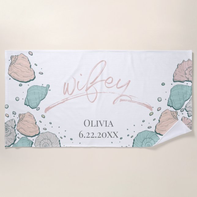 Honeymoon Beach - WIFEY  Coral Seashells Beach Towel (Front)