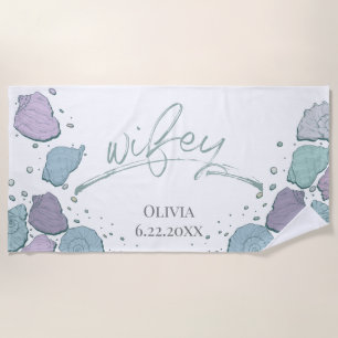 Honeymoon Beach WIFEY Teal Lilac Modern Seashells Towel