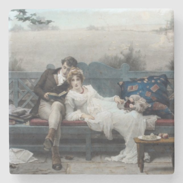 Honeymoon (Bride and Groom on a Bench) Stone Coaster (Front)