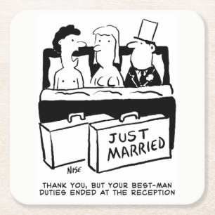 Honeymoon Couple and Best Man in Bed Square Paper Coaster
