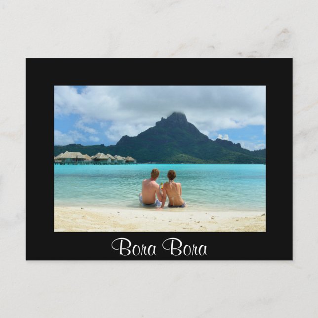 Honeymoon couple on Bora Bora black postcard (Front)