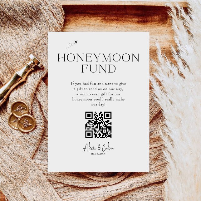 Honeymoon Fun | Minimalist Script QR code Wedding  Pedestal Sign (Creator Uploaded)