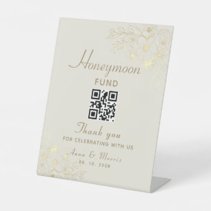 Honeymoon Fund Gold Wedding QR code Pedestal Sign