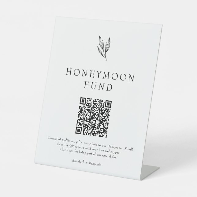 Honeymoon Fund Minimalist Botanical Wedding  Pedestal Sign (Front)