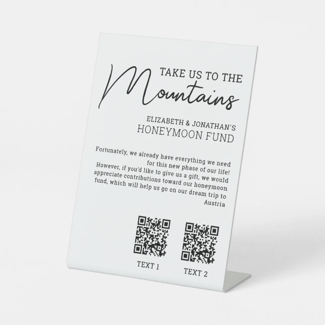 Honeymoon fund modern cash qr code pedestal sign (Front)