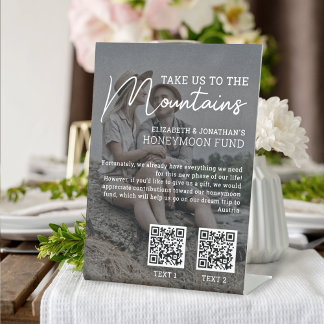 Honeymoon fund modern cash qr code photo pedestal sign