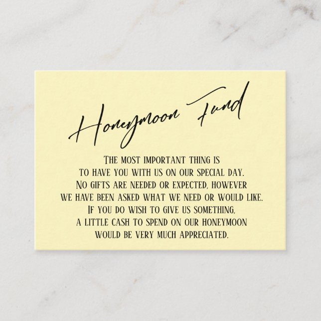 Honeymoon Fund Modern Handwriting Pale Yellow Enclosure Card (Front)