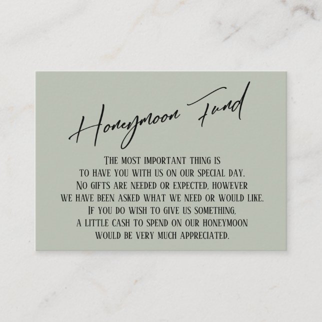 Honeymoon Fund Modern Handwriting Sage Green Enclosure Card (Front)