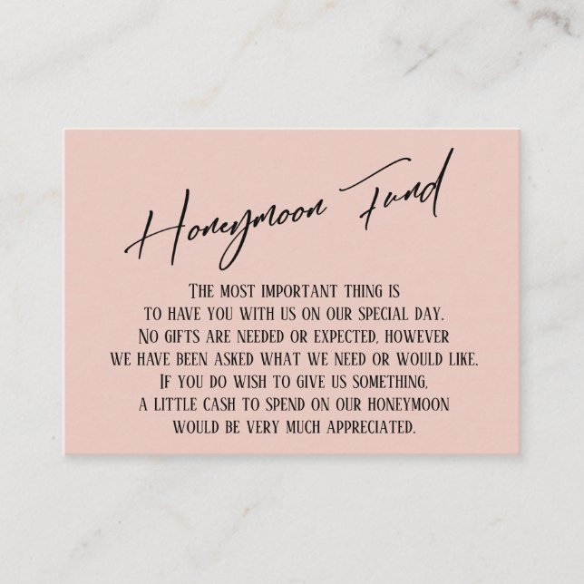 Honeymoon Fund Modern Handwriting Simple Blush Enclosure Card (Front)