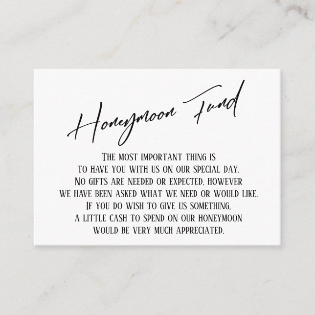 Honeymoon Fund Modern Handwriting Simple Wedding Enclosure Card (Front)