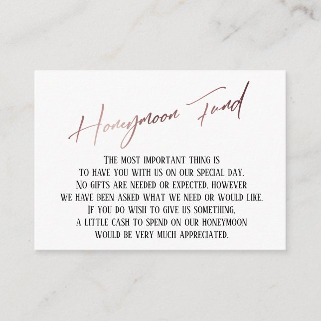 Honeymoon Fund Modern Rose Gold Handwriting Enclosure Card (Front)
