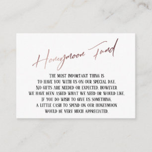 Honeymoon Fund Modern Rose Gold Handwriting Enclosure Card