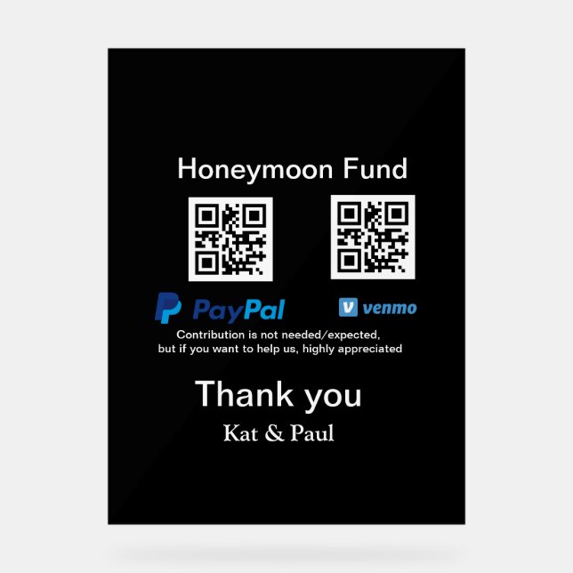 Honeymoon Fund PayPal Venmo QR code thank you Acrylic Sign (Front)