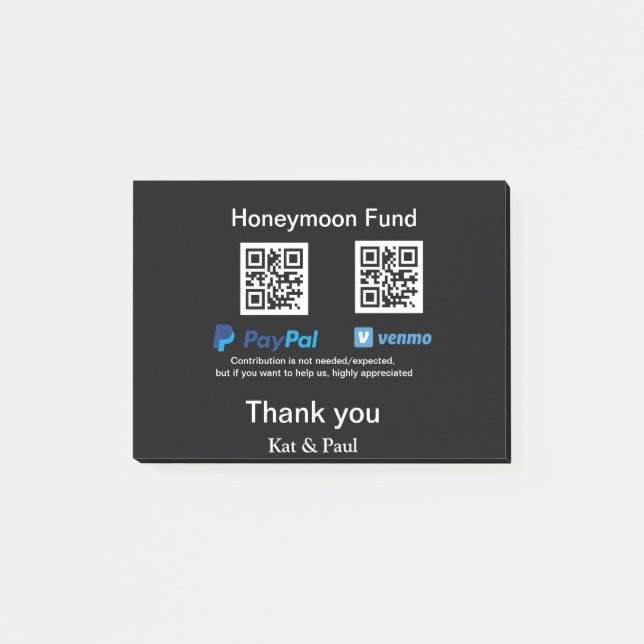 Honeymoon Fund PayPal Venmo QR code thank you Post-it Notes (Front)