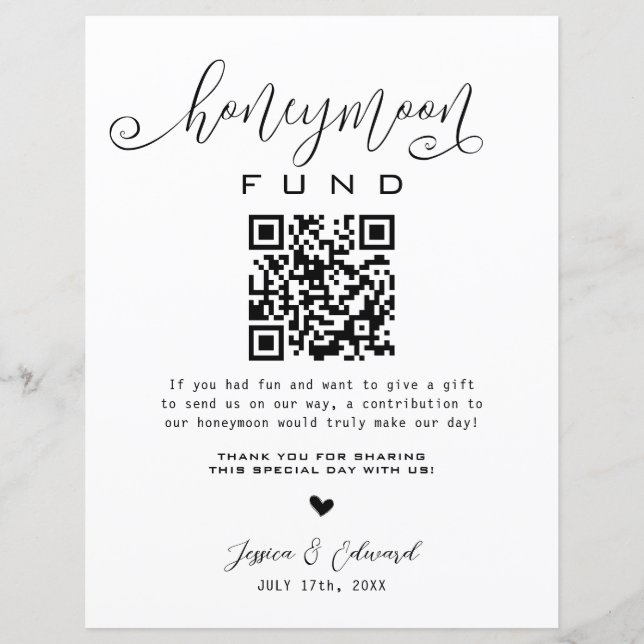 Honeymoon Fund Qr Code Black Chic Modern Minimal (Front)