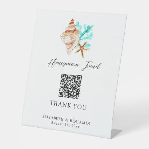 Honeymoon Fund QR Code Coastal Wedding Elegant Pedestal Sign