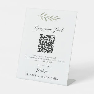 Honeymoon Fund QR Code Elegant Wedding Greenery Pedestal Sign