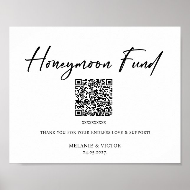 Honeymoon fund QR Code Wedding Sign Poster (Front)