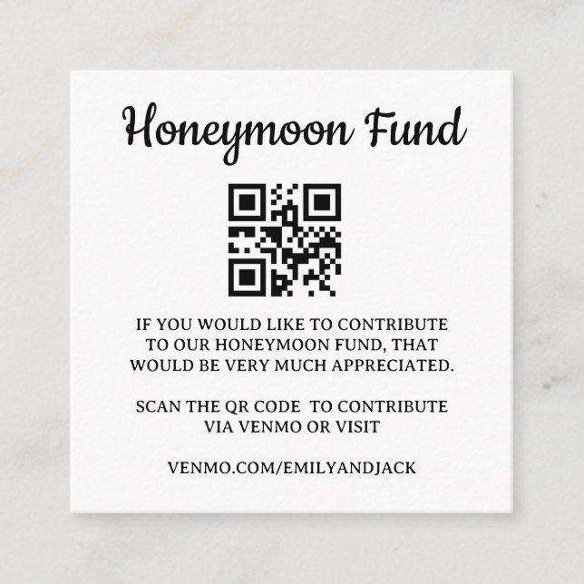Honeymoon Fund  Venmo QR code Wedding Enclosure Card (Front)